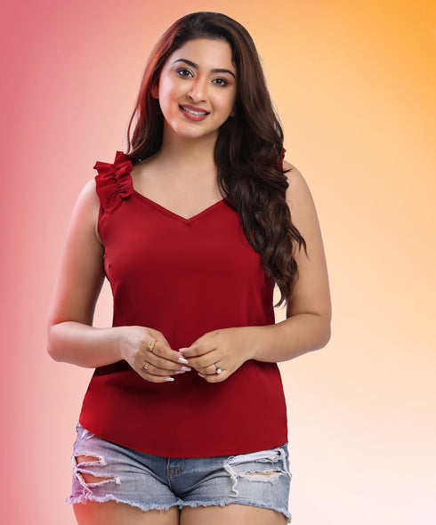 Sleeveless Detailed Gathered Maroon Chiffon Top